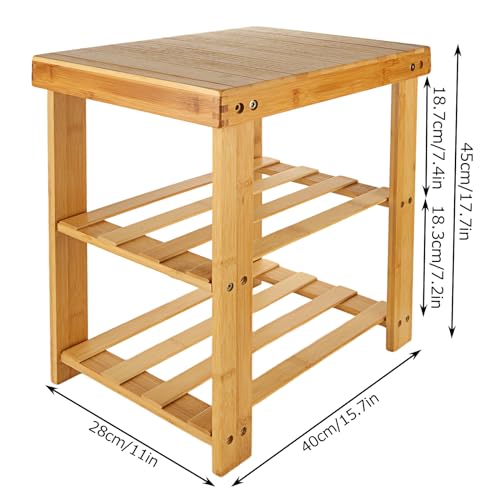 ASelected 16 Inch Bamboo Shower Stool Wood Shower Bench 3-Tier Waterproof Wooden Bamboo Foot Stool Seat Stool with Storage Shelf, Small Bench for Adults Bathroom Living Room