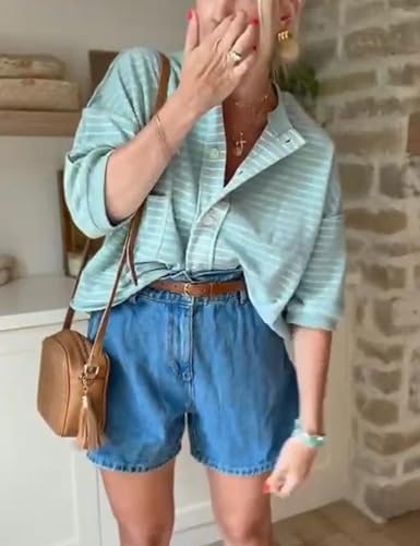 Women’s Y2K Striped Cardigan Sweatshirt 3/4 Sleeve Button Down Cardigans Lightweight Summer Tops Trendy(LightGreen-L)2