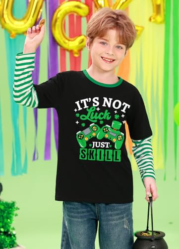 Image of Unisex Kid's St Patrick's Day Shamrock Top Striped Patchwork Irish Clover Long Sleeve Shirt 4-14 Years