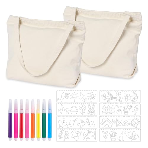 LDBKLGHJ 2 Piezas Tote Bag - Blanco Bolsa de Tela y Lista para Pintar, Bolsa de Tela Ideal para Regalar, Crea y Dibuja En Cualquier Momento，Incluye bolígrafos de colores y plantillas de dibujo. ✅