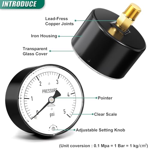 Image of 0-5PSI Diaphragm Type Capsule Low Pressure Gauge 2-1 /3 inch Dial Size, 1 /4 inch NPT Back Mount, Adjustable Water Column Gauge, for Pressure Testing with Air, Gas, Water, and Other Liquids