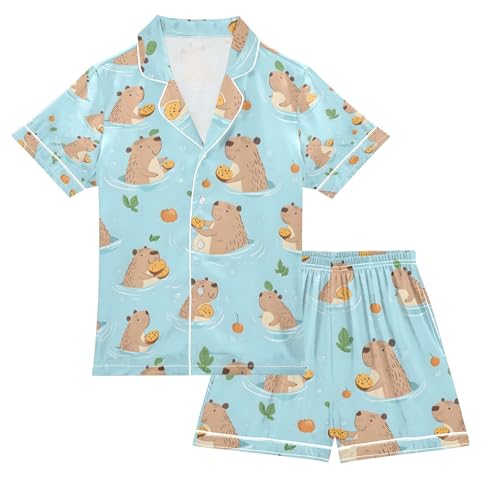 senya Cute Capybaras Swimming Q Satin Summer Pajama Sets Silk Short Sleeve Button Down Sleepwear