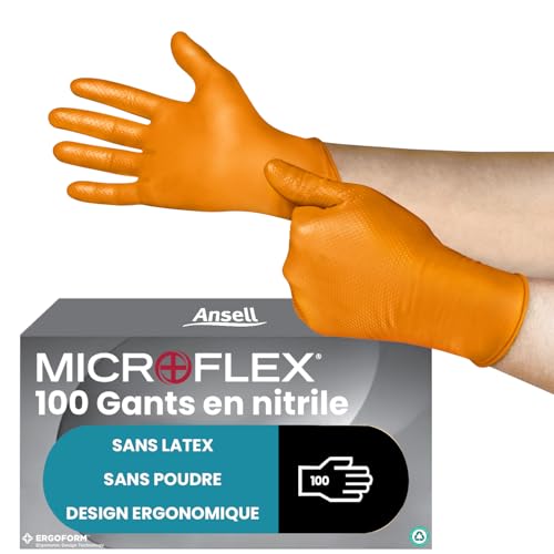 Ansell MicroFlex 93-256 Gants Jetables en Nitrile, Non Poudrés, Protection Multiusage, Alimentaire, Chimique et Mécanique, Sans Latex, Orange, Taille XL (100 Pièces)