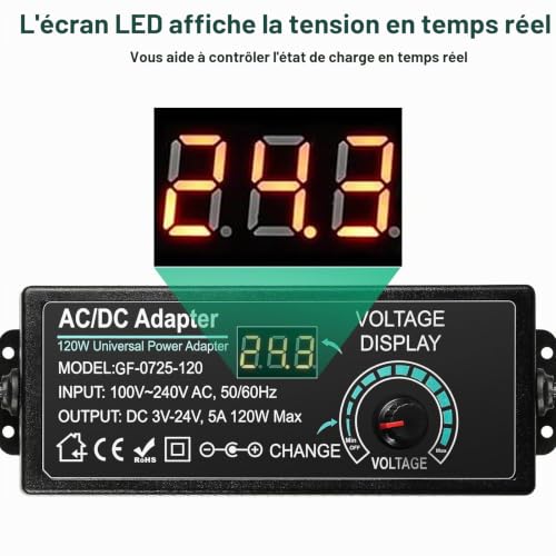 BuyWeek 5A 120W Adaptateur Universel 3V~24V Adaptateur Alimentation Réglable 100V-240V AC vers DC Transformateur avec 14 Embouts DC et Câble de Polarité Inversée pour l'électronique Domestique – vue 4