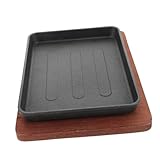 Cabilock Gusseiserne Steakplatte mit Dualen Griffen Heißer Servierteller mit Holzunterlage Gleichmäßige Hitzeverteilung für Grill und Tischgebrauch