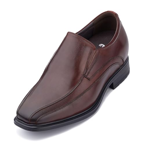 CALTO Men's Invisible Height Increasing Elevator Shoes - Dark Brown Leather Slip-on Super Lightweight Formal Loafers - 3 Inches Taller - G60125 - Size 9 D(M) US