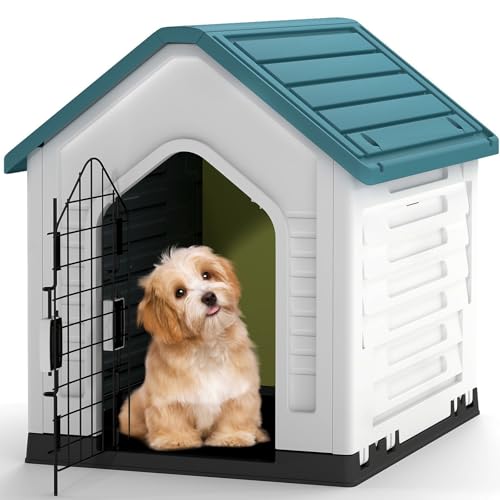 GOPLUS Caseta de Perro de Plástico, Casa para Perros con Puerta de Malla Bloqueable y Piso Elevado, Ventilación, Techo Inclinado, Perrera para Interior y Exterior para Mascotas (Azul)