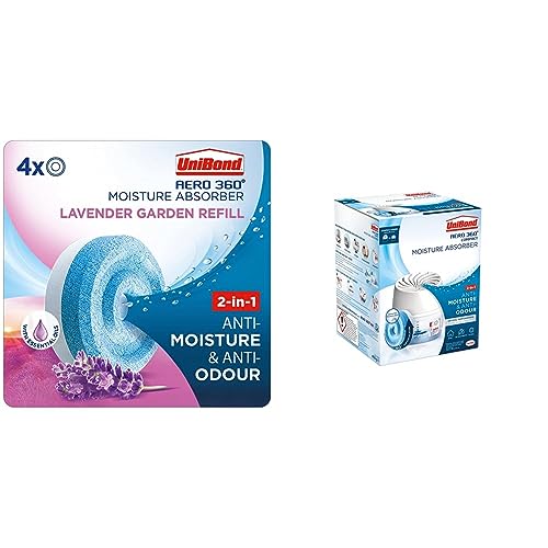 Image of UniBond AERO 360° Moisture Absorber Lavender Garden Refill Tab, aromatherapy, ultra-absorbent and odour-neutralising (4 x 450g),UniBond AERO 360 Compact Moisture Absorber Ultra-Absorbent Dehumidifier