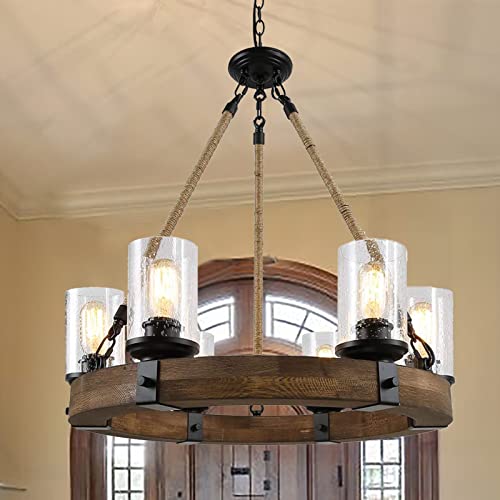 Rustic 6 Light Wagon Wheel Chandelier Round Wood Pendant Light with Seeded Glass Shade Farmhouse Chandeliers for Dining Room Kitchen Island Foyer Entryway