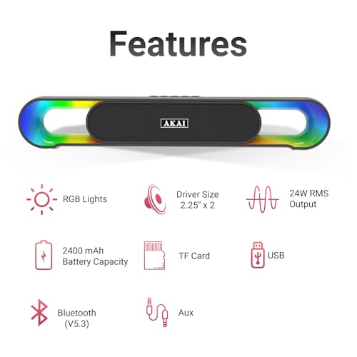 Image of AKAI SB-24 24W Bluetooth Portable Soundbar with RGB LED Lights | TWS Dual Soundbar Pairing | 2400 mAh Battery | BT V5.3, USB, AUX, TF Card | Type-C Charging | Portable | Up to 5 Hours Playtime