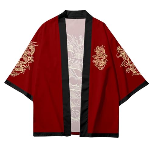 Mens 3/4 Wide Sleeve Kimono Yukata Tops Shirts for Women Unisex Haori Coat Jacket Oriental Style Loose Red, L - Thumbnail 2