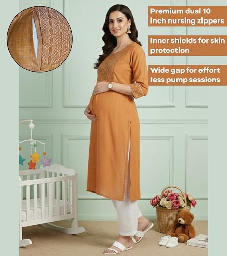 Image of DUMMY SHAPE Pregnancy Dresses for Women Cotton | Floral Maternity Kurta Pant Dupatta Set with Dual Nursing Zippers | Pre & Post Partum | Feeding Kurtis | Baby Shower | Gifts for Pregnant Woman