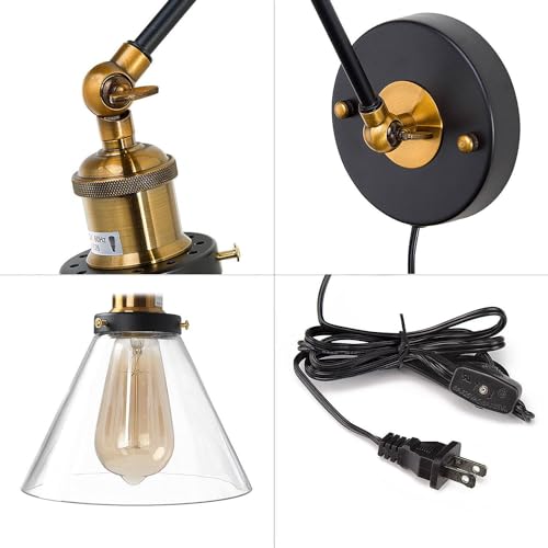 Image of LALUZ Black Glass Wall Sconces Lighting, Modern Gold Industrial Swing Arm Plug in or Hardwired Adjustable Wall Lamp with Antique Brass Finish for Bedroom, Kitchen, and Living Room