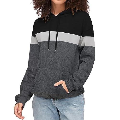 Hoodies for Women Long Sleeve Shirts Fall Sweatshirts Casual Tops Winter Loose Jacket (Black Grey Block,M)
