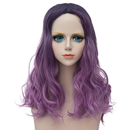 Alacos Fashion Harajuku Dark Root Ombre to Purple Curly Synthetic Christmas Costumes Anime Cosplay Wigs for Women +Wig Cap