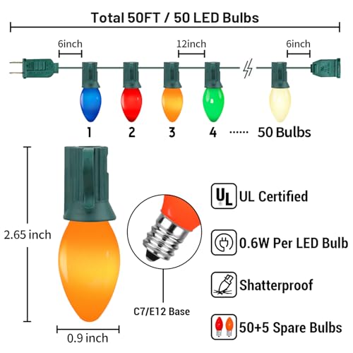 50FT C7 LED Christmas Decorations Lights Outdoor, Multicolor Christmas Lights Green Wire with 50+5 Multicolored C7 LED Light Bulbs, Vintage Decor Light for Xmas Tree Home Yard Party Decor, E12 Base by PASUTO - Image 2