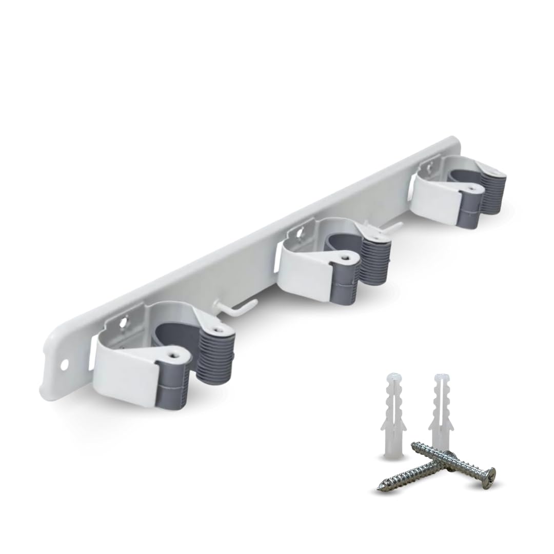 PARENCE.- Supporto da parete a triplo avvitabile per scopa e accessori - Gancio per scopa 3 supporti + 2 ganci - 37cm