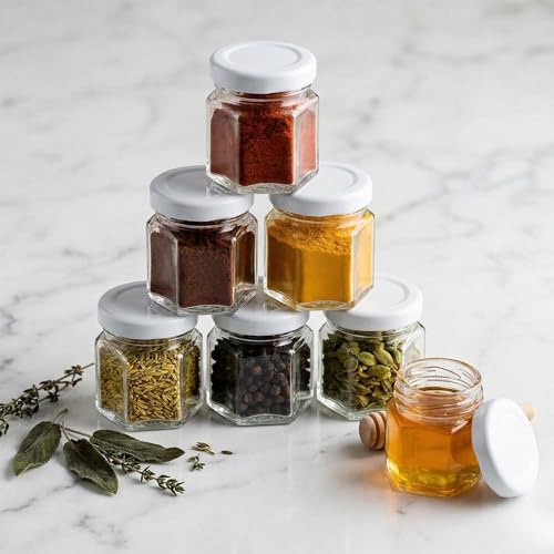 Image of Cute Hexagonal 50 grams Airtight Glass Jar Containers for Honey, Spices & other Kitchen Items with Rust Proof White Color Caps -Set of 06