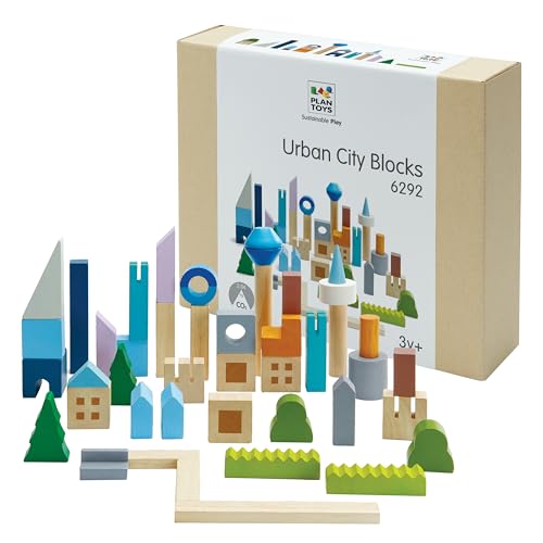 Image of PlanToys Urban City Blocks Wooden Montessori Construction Set | Imagination, Creative Play and Early Language Exploration | Eco Friendly Building Block Set with 45 Pieces