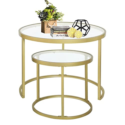 Heoniture Gold Nesting Coffee Table Set Of 2, Small Glass Nesting Tables For Living Room Bedroom, Accent Tea Table With Metal Frame #TOP6