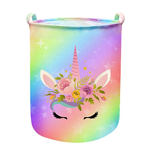 Image of Unicorn Laundry Basket Hamper Large Sized Round Storage Basket Waterproof Bin Collapsible Laundry Basket for Girls Room Organizer, Bedroom Nursery Playroom Clothes (43.3L)