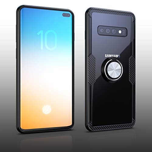 Samsung Galaxy S10 Plus Case | Transparent Crystal Clear Cover | Carbon Fiber Trim & Rubber Bumper | 360° Rotating Magnetic Finger Ring | Kickstand | Compatible with Samsung Galaxy S10 Plus - Black