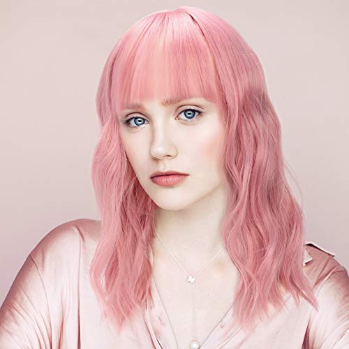 Chrider Wigs for Women, 16" Pastel Loose Wavy Wigs With Bangs, Shoulder Length Pastel Bob Synthetic Cosplay Wigs for Women, Lovely Pink Wig for Girl Colorful Costume, Wigs Cap Included
