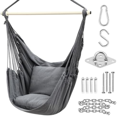 Ohuhu Hängesessel Outdoor mit 2 Kissen und Deckenhaken-Kit bis 150 kg XL | Baumwolle, ohne Gestell, für Indoor & Outdoor, Balkon, Garten, Anthrazit