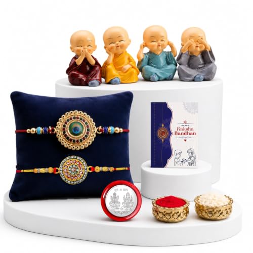Oblivion Rakhi for Brother with Baby Buddha – Round Shape Colorful Rakhi 2 Pcs with Monk Figurine Idol 4 Pcs, Silver Color Coin, Greeting Card & Tilak Set – Traditional Raksha Bandhan Celebration Combo Pack