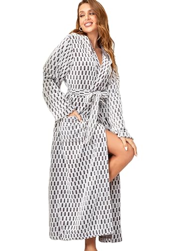 RONGTAI Dam morgonrock plysch fleece huva badrock tjock nattlinne med fickor fluffiga nattkläder, Pläd, XL