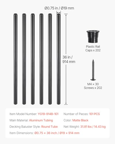 VEVOR Geländerstab, 101er-Set, φ19x914 mm Aluminium Treppenbaluster, runder Zierstab, Hohldeckgeländer mit Geländerkappen und Schrauben für Treppen, Veranda, Terrasse, Mattschwarz