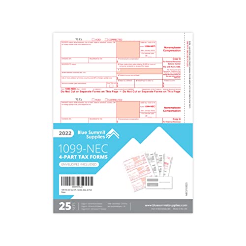 Blue Summit Supplies 1099 Nec Tax Forms 2022 With 25 Self Seal Envelopes, 25 4 Part Tax Forms Kit, Compatible With Quickbooks And Accounting Software #TOP6