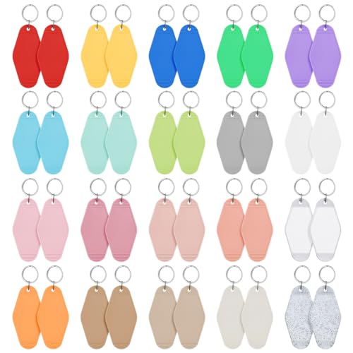 LOTMER 40 PCS Hotel Keychain Blank with Key Rings 20 Colors Plastic Rhombus Motel Keychain Keychain Blanks for DIY Keychains and Luggage Tag(Light Colour)