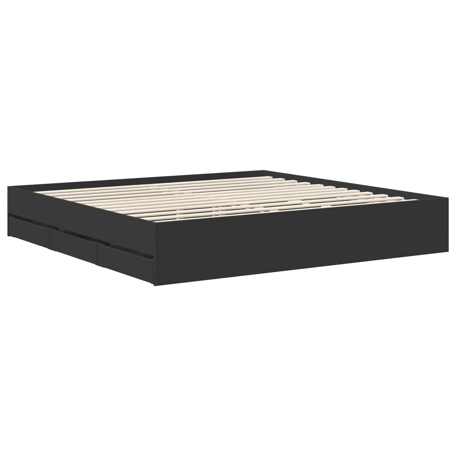 Cadre de Lit avec 6 Tiroirs de Rangement 200x200 cm, Lit Double King Size en Bois d'Ingénierie Noir, Sommier à Lattes et Tête de Lit, Design Moderne pour Chambre à Coucher
