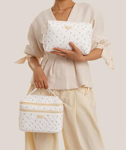 HBselect 2Pcs Travel Makeup Bag, Large Cotton Quilted Makeup Bag Cosmetic Bag Cute Make up Bag Toiletry Bags for Women Girls - Thumbnail 7