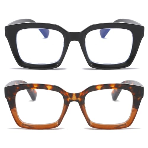Image of REAVEE 2 Pack Oversized Reading Glasses for Women Men Blue Light Blocking, Ladies Stylish Retro Square Large Computer Readers (Black /Leopard 1.75x)