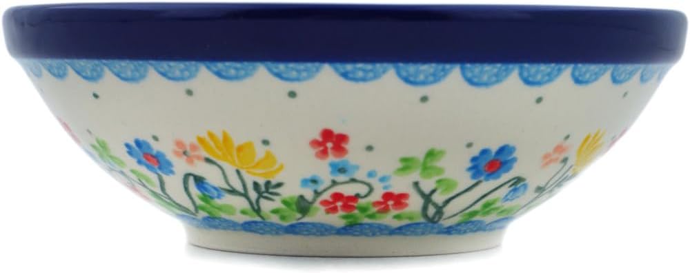 Polmedia Polish Pottery Bowl 6-inch UNIKAT - Free Flock Pattern Handmade in Boleslawiec Poland by Ceramika Artystyczna + Certificate of Authenticity