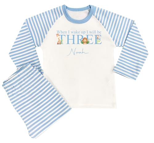 The Baby Box UK Boys Personalised Birthday Pyjamas When I Wake Up I Will Be Birthday PJs 1st Birthday Pyjamas Boys (Blue Stripe Safari 1, 6-12 Months) - Image 2