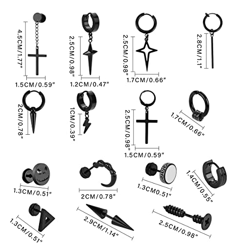 27 Piece Stainless Steel Goth Black Cross Dangle Earrings For Men,Screw Pyramid Punk Emo Eboy Earrings Set For Men Women #TOP1