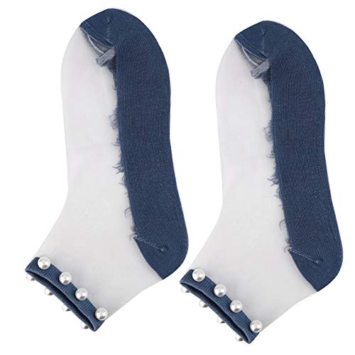 Ellepigy Femmes Chaussettes en Résille, Chaussettes Courtes en Dentelle De Maille De Perles, Bleu Marin