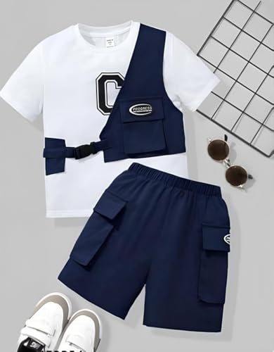 Image of Kids Boys 3-Piece Outfit Set | Half Sleeve T-Shirt, Utility Vest & Cargo Shorts with Cap | Stylish Casual Summer Clothing Set for Boys