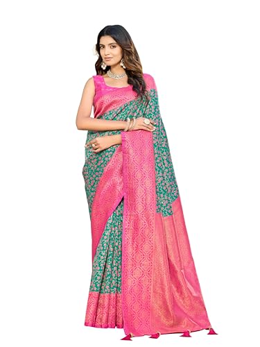 MANOHARI Banarasi Satin Silk Blend Saree for Women Floral Zari Woven Saree with Rama Green Color and Pink Bord