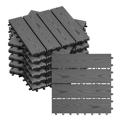 WOLTU Suelo de WPC Set de 11 Baldosas de Madera Exterior para Porche Patios Jardin, 30 x 30 cm 1m² Suelo de Exterior Compuesta Azulejos para Terraza, Jardin Gris