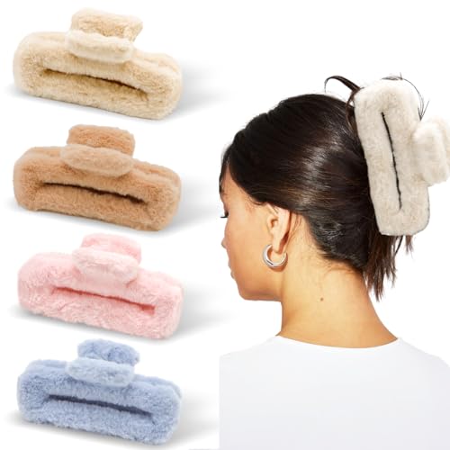 Ahoney 5 Inch Fuzzy Hair Claw Clips Cute Soft Hair Clip for Thick Long Hair Strong Hold Non-slip Jumbo Jaw Clips Hair Accessories for Women (Warm)