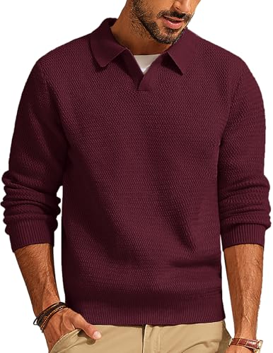 PJ PAUL JONES V Neck Sweater Men Long Sleeve Sweater Cozy Cable Knitted Wine Sweater for Winter