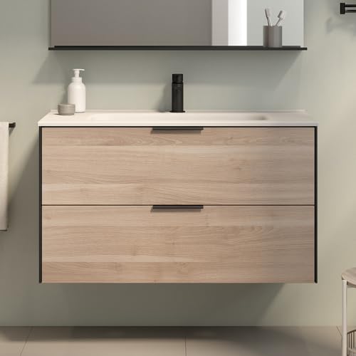 AMIZUVA - Conjunto de Mueble de Baño Serie Indus con Tirador Oculto y Acabado Abedul - Dimensiones 100x56,5x45 cm