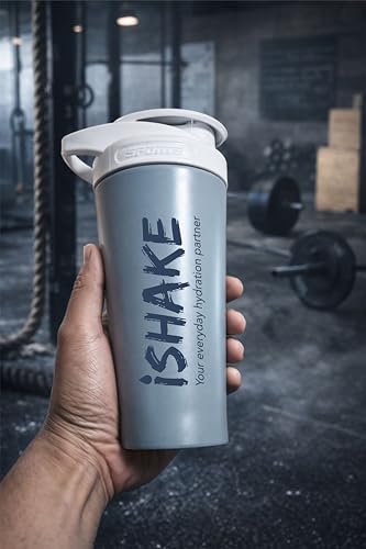 Image of Stainless Steel Protein Shaker Bottle, 100% Leakproof Metal Gym Shaker, Durable Steel Gym Sipper Bottle for Smooth Protein Mixing with Measurement 700 ml (Grey /White)