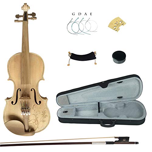 Kinglos 4/4 Flower Carved Ebony Fitted Solid Wood Unpainted Violin Kit with Case