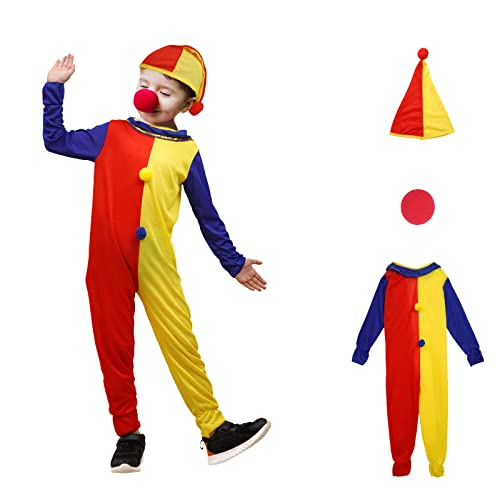 Halcyerdu Costume de Clown pour Enfant, 3 Pcs Déguisement Clown Enfant pour Combinaison, Chapeau et Nez, Costume Déguisement de Clown pour Costume de Halloween Carnaval Enfants, S/longueur 90-110cm Cover