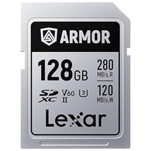 Lexar Tarjeta de memoria Armor Silver PRO SDXC de 128 GB, UHS-II, C10, U3, V60, 6K UHD, lectura de hasta 280 MB/s, acero inoxidable, para fotógrafos profesionales, videógrafos, entusiastas